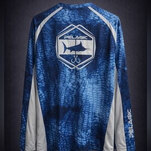 Pelagic AquaTek Performance Fishing Shirt Blue Camo Long Sleeve M
